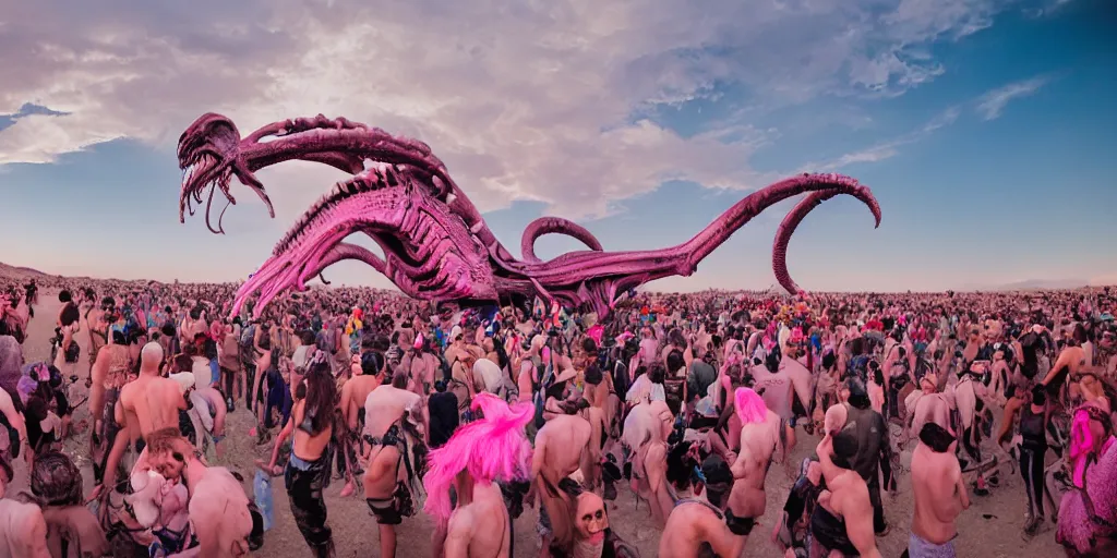 Image similar to a giant pink xenomorph statue in the middle of crowd of ravers dancing at Burning Man in the desert, sunset, hd 35mm photography, big clouds, cinematic