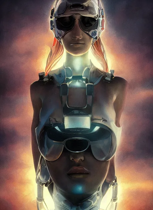 Prompt: symmetry!!! closeup portrait! of a racer pirate girl, cyborg jumpsuit, in clouds, cinematic light, windy, sunrise, by gerald brom, by mikhail vrubel, by peter elson, muted colors, extreme detail, trending on artstation, 8 k