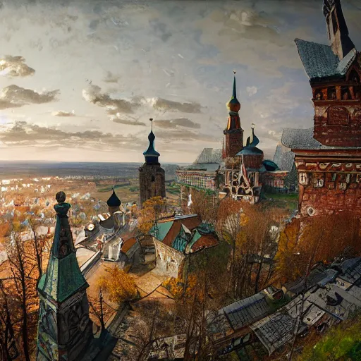 Image similar to photo beautiful magical ancient Slavic Russian city of Kitezh, fisheye lens, painting by Viktor Vasnetsov, concept art, magical city, fantasy cityscape, ancient Slavs, wooden buildings, ancient Russian architecture, terem, hyperborea, top cinematic lighting , cinematic mood, very detailed, 8k, high resolution, trending on artstation, painting by Nicholas Roerich, artstationHD,