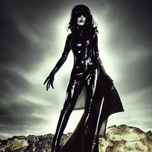 Image similar to portrait, full - body, a futuristic neo - goth woman wearing a shiny black latex ornate rococo dress, inside a volcanic black rock landscape, soft moonlight, volumetric lighting, dramatic, moody, ultra - sharp