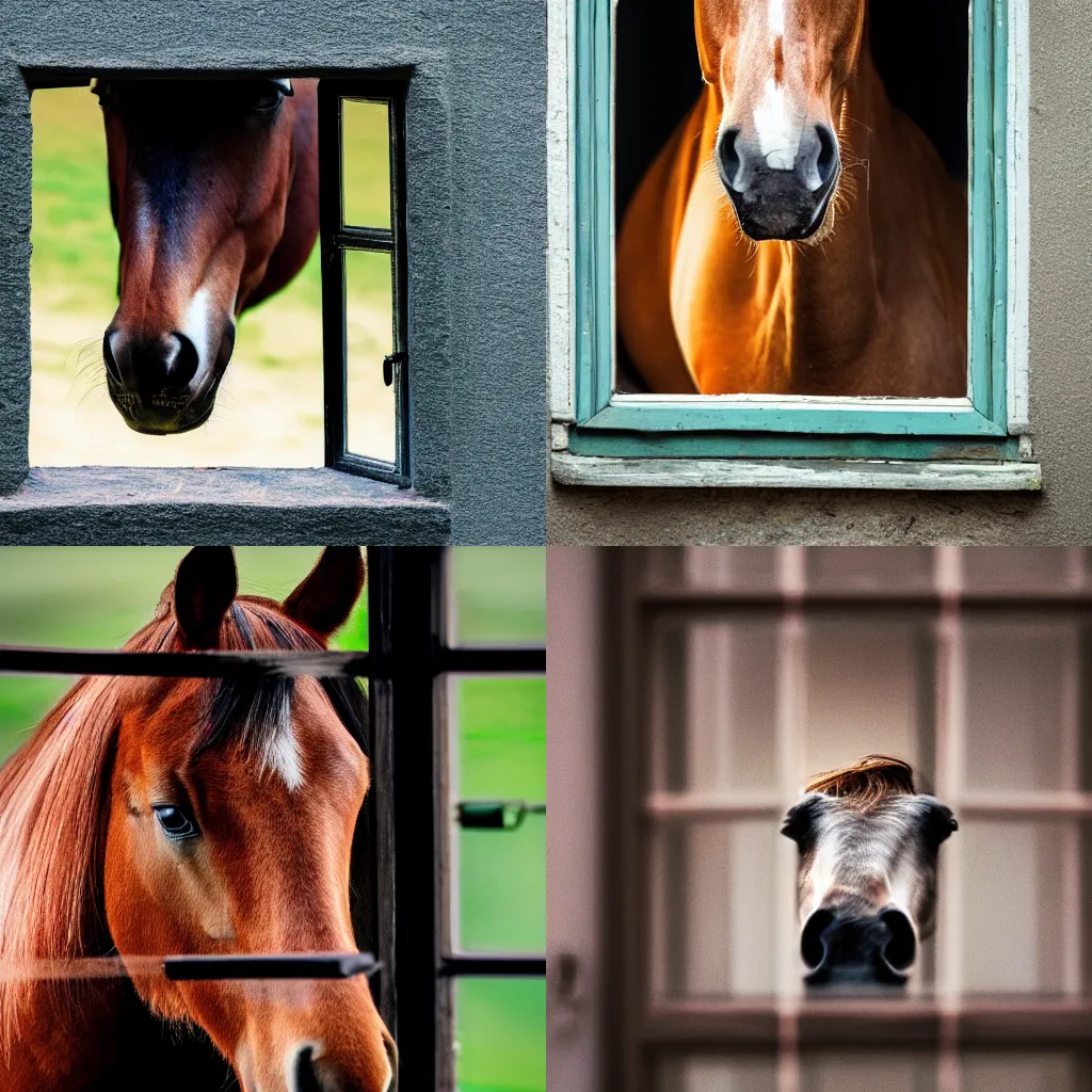 Prompt: a horse looking at you through a very small window, menacingly