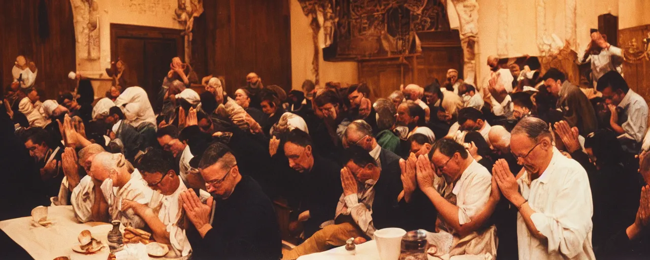 Image similar to a jewish synagogue with people praying next to spaghetti, canon 5 0 mm, cinematic lighting, photography, retro, film, kodachrome, closeup