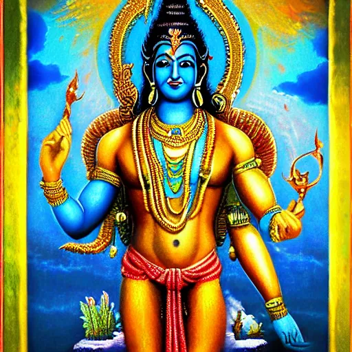 Prompt: lord vishnu, full body picture, bodybuilder, birth of the universe, multiverse, realistic, full HD, high quality, 4k