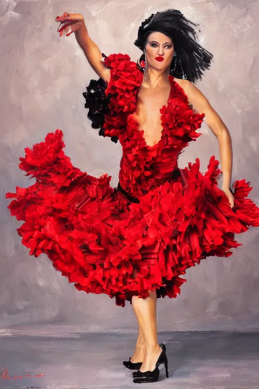 Image similar to oil painting of spanish flamenco dancer in mallorca wearing a red dress made of flowers, dimly lit, photo realistic, extreme detail skin, no filter, slr, 4 k, high definition