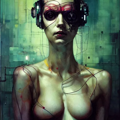 Prompt: female cyberpunk hacker dream thief, wires cybernetic implants, in the style of adrian ghenie, esao andrews, jenny saville,, surrealism, dark art by james jean, takato yamamoto