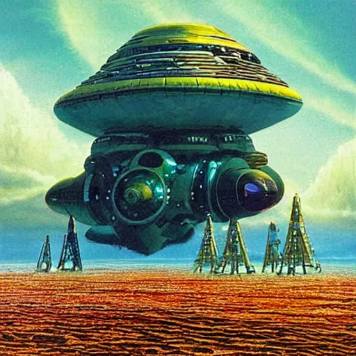 Prompt: big weird spaceship on the ocean floor, chris foss, peter elson, angus mckie, terran trade authority