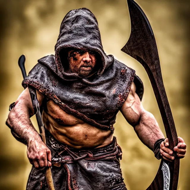 Image similar to warrior with big axe and executioner's hood, highly detailed, 8 k, hdr, smooth, sharp focus, high resolution, award - winning photo