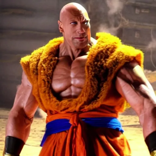 Image similar to photo of a live - action dragon ball z movie featuring dwayne johnson as nappa in full saiyan armor