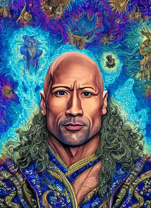 Image similar to beautiful oil painting, portrait of Dwayne the rock Johnson as Louis xiv in coronation robes 1701, Dan Mumford, Dan Mumford, Alex grey, Alex grey, lsd visuals, dmt fractal patterns, entheogen, psychedelic, hallucinogen, highly detailed, ornate, vaporwave