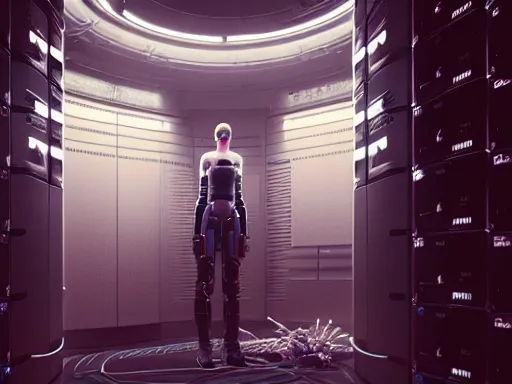 Image similar to high detailed porcelain android with in sci - fi server room. cyberpunk intricate, elegant, by greg rutkowski, conrad roset, takato yomamoto, james jean, rule of thirds, seductive look. octane render from odyssey 2 0 0 1 by stanley kubrick and mendosa
