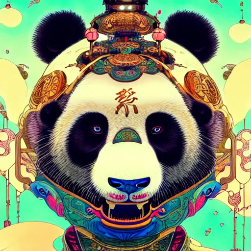 Image similar to a beautiful hyperdetailed character design 4 k wallpaper illustration of a cute panda with a chinese lion dance head victo ngai cyberpunk style, from china, style of studio ghibli, makoto shinkai, raphael lacoste, louis comfort tiffany, artgerm, james jean, ross tran, chinese style