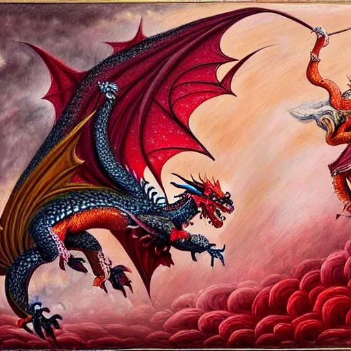 Image similar to miniature painting of a dragon fighting a woman, red+velvet+pink+orange+white colors, by Mahmoud Farshchian, intricate, insane detailed, very detailed