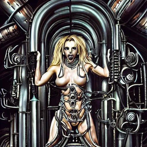 Image similar to britney spears encased in biomechanical machine, heavy conduits, complex scene, rich composition, heavy in detail, evil, corruption, decay, grime, sharp focus, airbrush, illustration, symmetrical, portrait, art by h. r. giger
