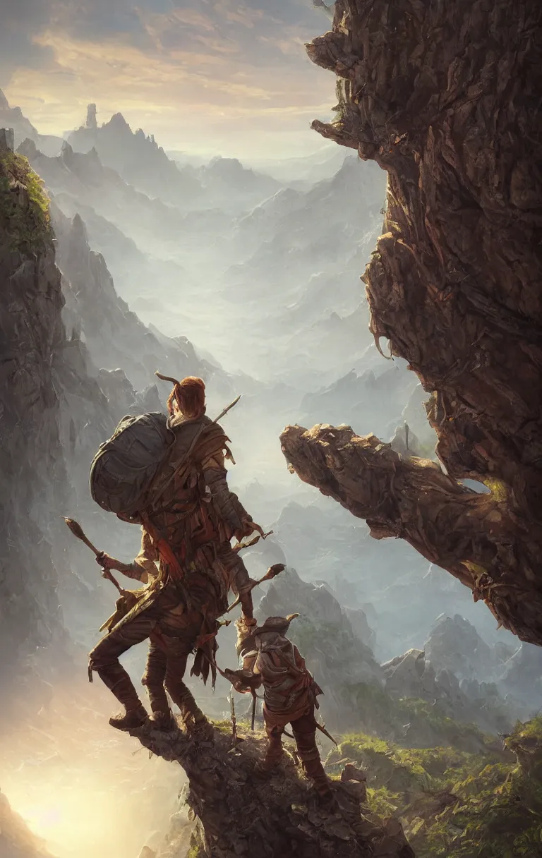Image similar to an oil art close - up portrait painting of a single lone young handsome fool adventurer with adventurer hiking backpack, centered, grim gwent card, single lone gipsy mage adventurer character design from inquisition, on a cliff looking out to a fantasy mountain landscape, 4 k, ultra detail, volumetric lighting, unreal engine, octane render, tom bagshaw, andreas rocha