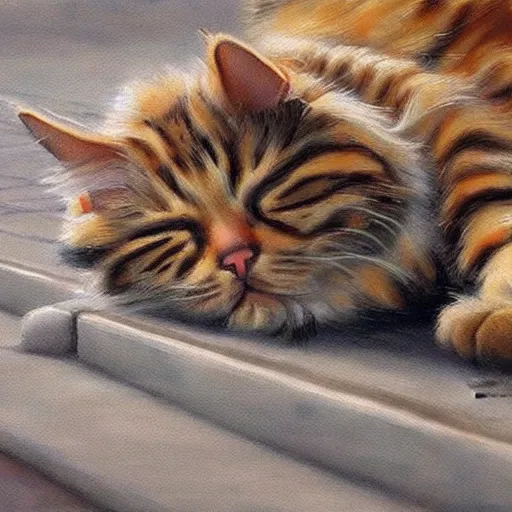 Prompt: realistic painting of a cat sleeping on a sidewalk at midnight photography highly detailed trending on art station