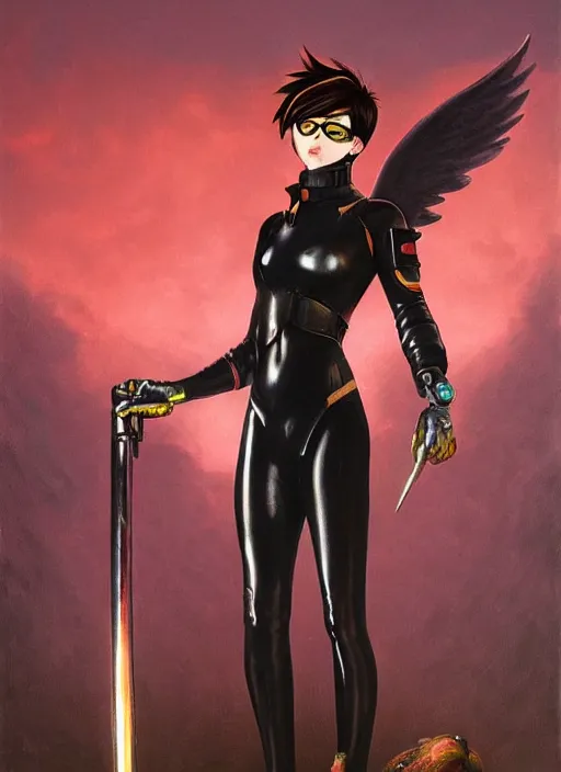 Prompt: full body artwork of tracer overwatch, wearing black latex outfit, in style of zdzisław beksinski, angel wings, dramatic painting, wearing detailed steel collar, black shiny armor, chains, black harness, detailed face and eyes,