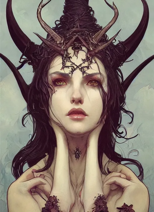 Image similar to a beautiful illustration of a satanic witch with horns in head, intricate, sharp focus, illustration, highly detailed, digital painting, concept art, matte, art by wlop and artgerm and greg rutkowski and alphonse mucha, masterpiece