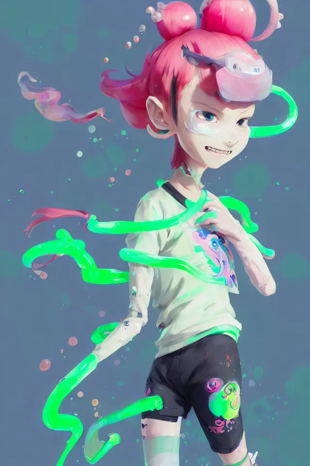 Image similar to a beautiful fullbody portrait of a cute splatoon anime boy with pink hair and green eyes wearing sports clothing tight leggings. character design by cory loftis, fenghua zhong, ryohei hase, ismail inceoglu and ruan jia. artstation, volumetric light, detailed, photorealistic, fantasy, rendered in octane