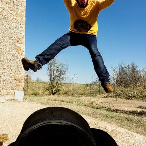 Prompt: italian trapper jumping over a pile of shit screaming