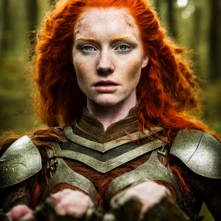 Image similar to 5 5 mm portrait photo of an armored handsome well - built female warrior, red hair, ginger hair, in a magical forest in the style of lord of the rings, highly detailed 8 k. intricate. lifelike. soft light. nikon d 8 5 0. cinematic post - processing