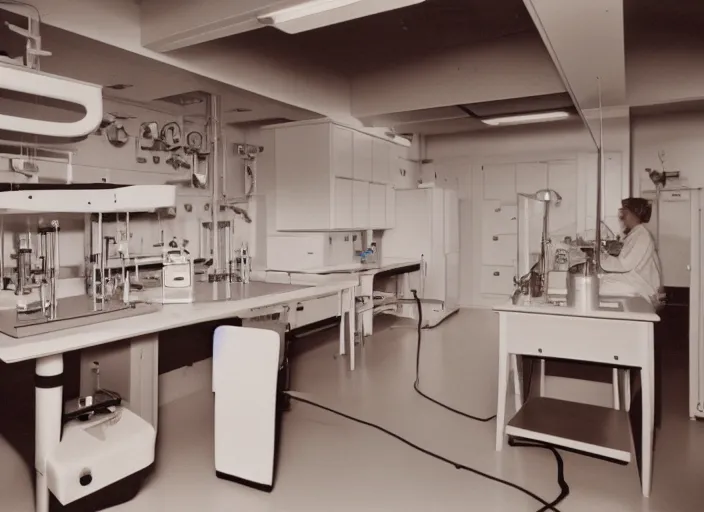 Image similar to realistic interior photo of wooden science laboratory, with white plastic appliances 1 9 9 0, life magazine photo