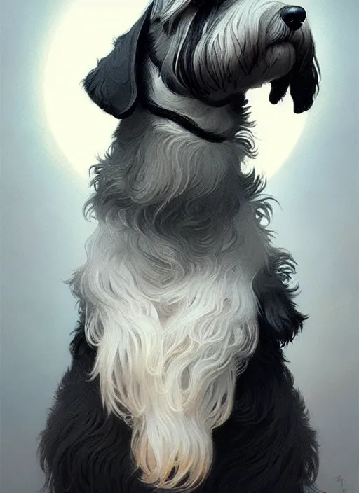 Image similar to portrait of stoic looking miniature schnauzer, black fir, white eyebrows, fantasy, intricate, elegant, highly detailed, digital painting, artstation, concept art, smooth, sharp focus, illustration, art by artgerm and greg rutkowski and alphonse mucha