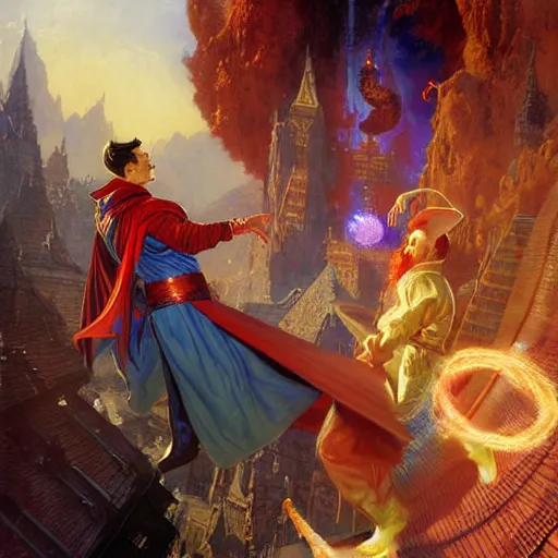 Image similar to the third first image on the scattered absurdity server, dr strange and dr seuss, very pretty, photorealistic, portal hopping and time warping with reckless abandon, highly detailed painting by gaston bussiere, craig mullins, j. c. leyendecker