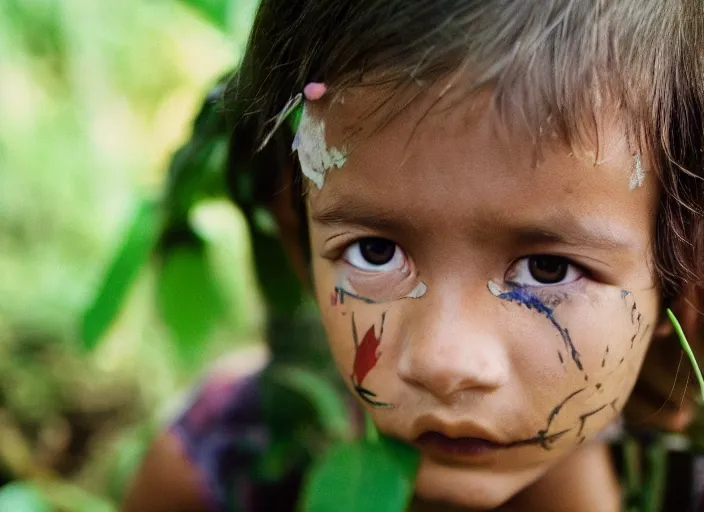 Prompt: 5 year old with warpaint, very stern look, hiding in the jungle, portrait, close-up, cinestill colour, anamorphic