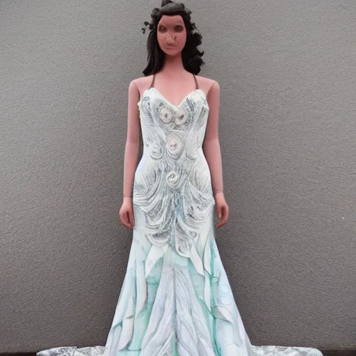 Prompt: full view, a beautiful full detailed ocean inspired wedding dress, put on a mannequin