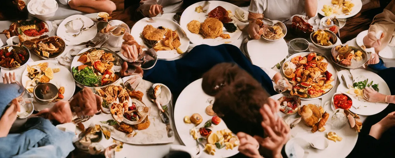 Image similar to a group of people licking from the same plate, food scattered all around, tension, canon 5 0 mm, cinematic lighting, photography, retro, film, kodachrome, closeup