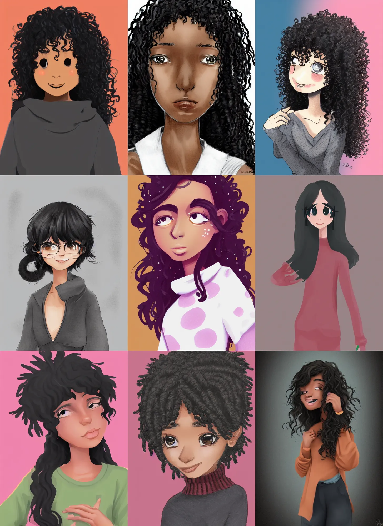 Prompt: a shy dark skinned brazilian girl blushing with droopy eyes, black curly hair, wearing a dark sweater, digital art, cute, trending on artstation, smooth