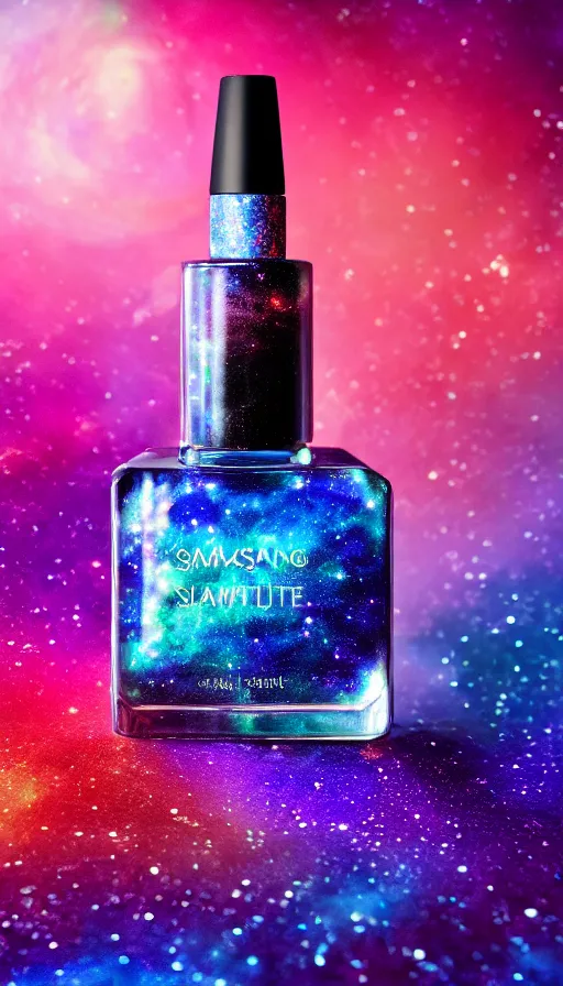 Image similar to a beautiful bottle of nail polish filled with a galaxy, insane, intricate, highly detailed, Zeiss Lens, smooth, sharp focus, Unreal Engine 5, Octane Render, Redshift, 8K