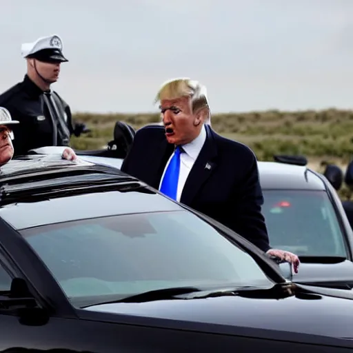 Prompt: Donald Trump driving a hearse with Ted Cruz getting arrested and put in the back