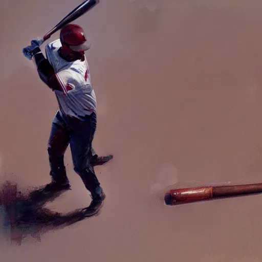 Image similar to baseball player hitting the ball with the baseball bat in the middle of the game and in front of everyone in the stadium, james gurney painting style, greg rutkowski, artstation