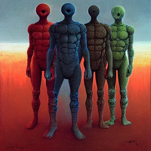 Prompt: the fantastic four by beksinski and tristan eaton, dark neon trimmed beautiful dystopian digital art