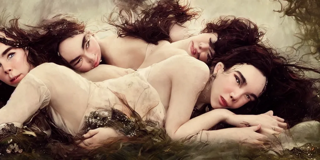 Image similar to stunning photo of dark - haired goddesses vanessa kirby, hailee steinfeld, and bjork smiling, intertwined, laying back on pillows, with wet faces, wet lips, perfect eyes, insanely detailed, elegant, by rutkowski, livia prima, mucha, wlop,