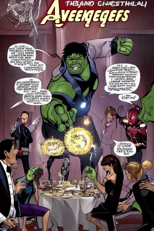 Prompt: The Avengers at a classy dinner party, Tony Stark raising a toast, large crystal chandelier, The Hulk dancing alone in a tuxedo