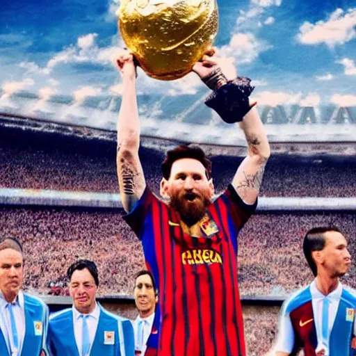 Image similar to super realistic and detailed photo of Lionel Messi lifting the World Cup, wearing the Argentina football team jersey, background out of focus,