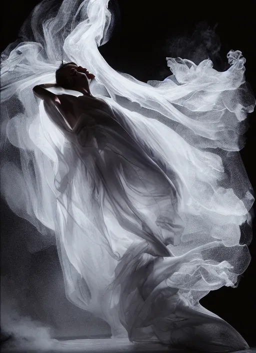 Image similar to a Photorealistic dramatic hyperrealistic render of a glamorous beautiful Female smoke dancer by Ken Brower and Deborah Ory of NYC Dance project,Lois Greenfield,Flowing cloth and smoke,Beautiful dynamic dramatic dark moody lighting,volumetric,shadows,cinematic atmosphere,Octane render,8K