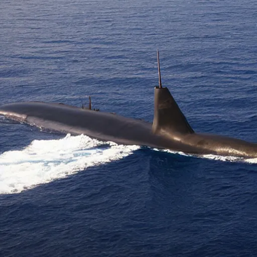 Prompt: military submarine flying above surface of an ocean