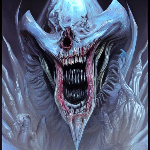 Prompt: a painting of a horrifying 🦷☠👹, an ultrafine detailed painting, by mark brooks, centered full body, featured on deviantart, fantasy art, detailed painting, deviantart, anime