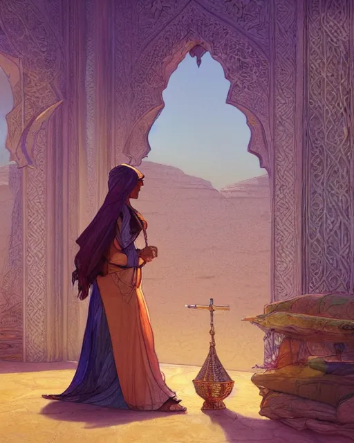 Image similar to bedouin in the desert worshipping in the mosque, highly detailed, gold filigree, romantic storybook fantasy, soft cinematic lighting, award, disney concept art watercolor illustration by mandy jurgens and alphonse mucha and alena aenami, pastel color palette, featured on artstation