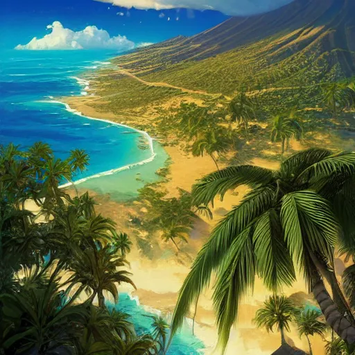 Prompt: a painting a breathtaking aerial view of Hawaiian islands, surrounded by palm trees, clouds, flowers, volcano, azure ocean, sunlight glistening, glow, , a detailed matte painting by sylvain sarrailh, Stephan Martinière, by RHADS, Makoto Shinkai, bokeh, Artstation contest winner, fantasy art, concept art, #vfxfriday