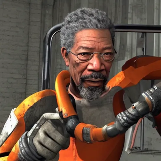 Prompt: Morgan Freeman as Gordon Freeman in Half-Life 2, wearing the HEV suit