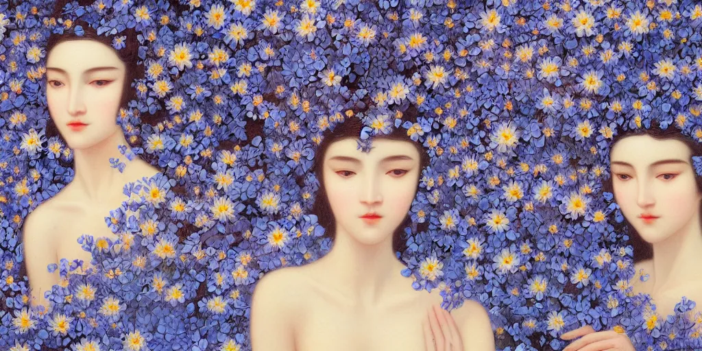 Prompt: breathtaking detailed concept art painting art deco pattern of faces goddesses of nemophila flowers with anxious piercing eyes and blend of flowers and birds, by hsiao - ron cheng and john james audubon, bizarre compositions, exquisite detail, extremely moody lighting, 8 k