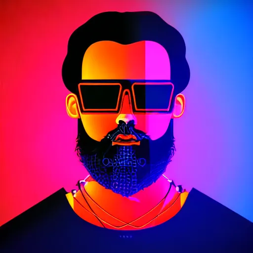 Image similar to portrait of a man with black hair and beard, synthwave, vector style, geometric random shapes and angles, red and blue lighting, neon, robot, futurism, virtualreality, modernist, cyberpunk h 6 4 0