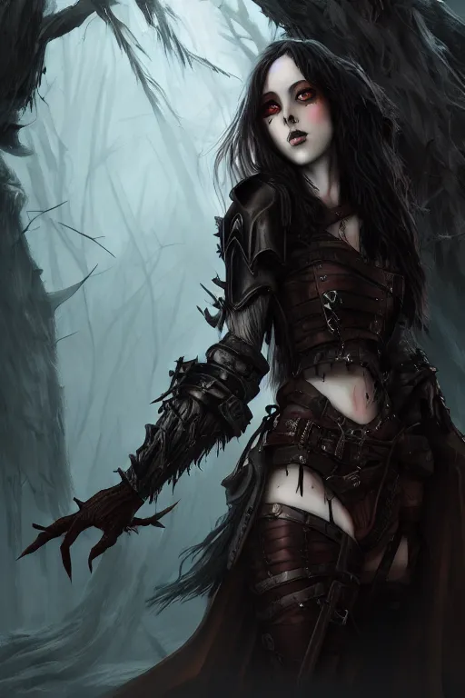 Image similar to dramatic atmospheric dark forest scenery, girl with vampire-fangs in hide leather armor, hyperdetailed, artstation, cgsociety, 8k