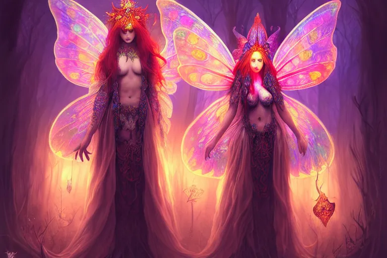 Image similar to stunningly beautiful female faerie priestess in amanita muscaria forest landscape, symmetrical wings on back, symmetrical detailed face, neon hair, fantasy art, dark light night, sharp focus, digital painting, 4 k, concept art, art by wlop, artgerm, greg rutkowski and alphonse mucha