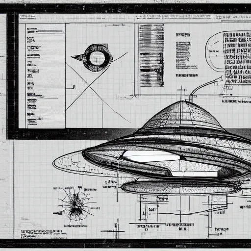 Prompt: technical drawing explaining the concept of ufo space ship, blueprint, detailed map, scientific, x - rays, infographic