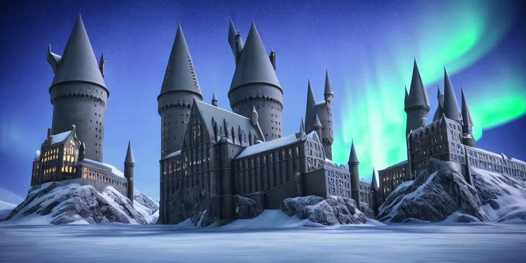 Image similar to “Hogwarts School of Witchcraft and Wizardry with the norther lights in the background. Octane render, 4k, 8k, unreal 5, very detailed, hyper control-realism, trending on artstation.”